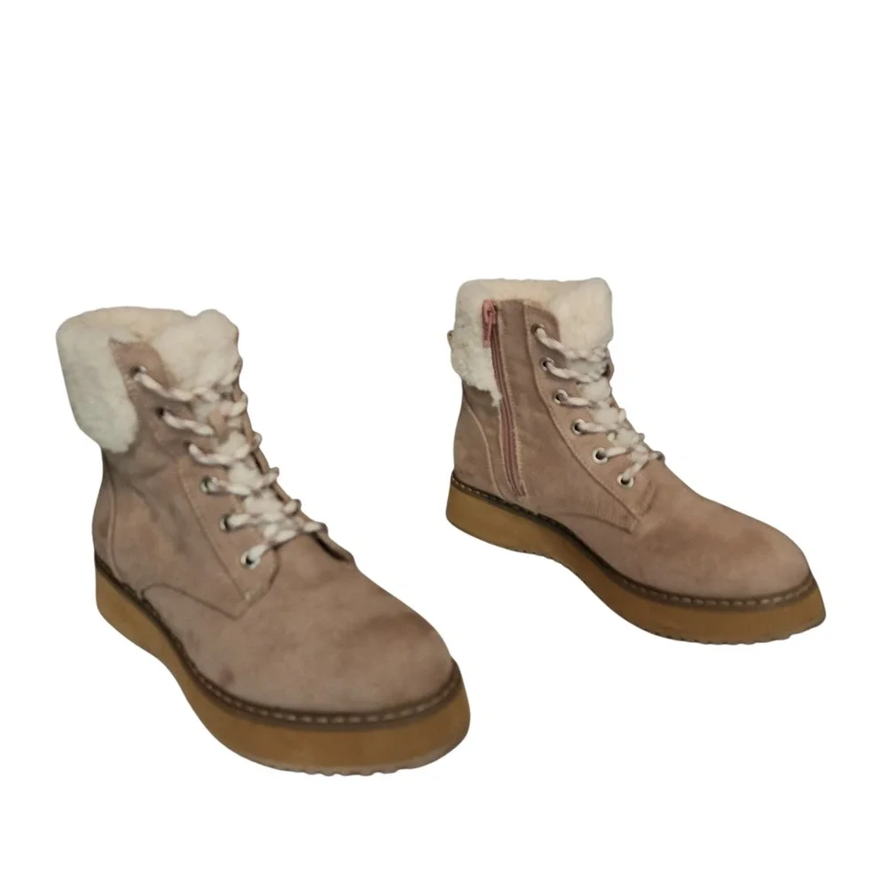 Madden Girl Boots sz 4‎ Girls 5.5 Wom KIMBER Hike Combat Beige Faux Suede Sherpa